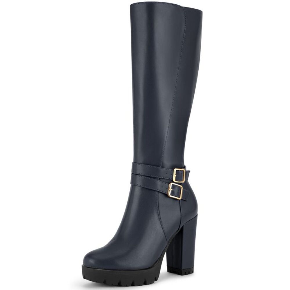 Round Toe Platform Chunky Heels Knee High Boots Navy Blue